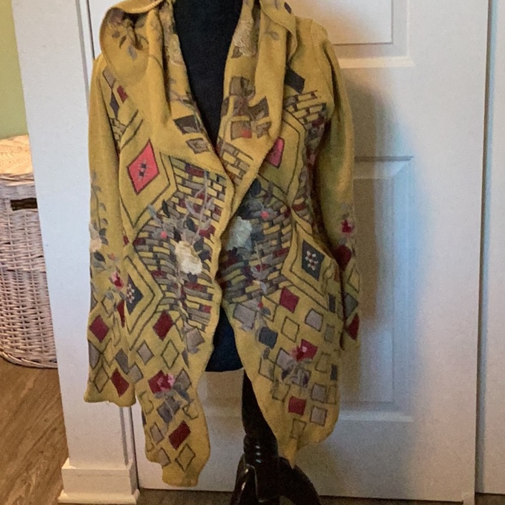 Johnny Was Mustard Embroidered Floral & Geometric Cascade Cape -Beautiful